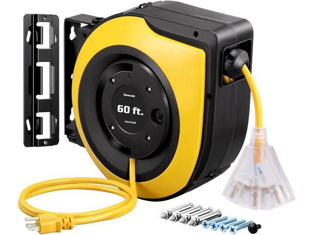 DEWENWILS Retractable Cord Reel, 60FT Heavy Duty Extension Cord, 12AWG/3C SJTOW, 3 Grounded Outlets Lighted Triple Tap, 15A Circuit Breaker,...