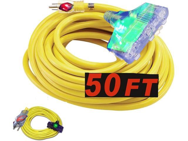 Yellow Extension Cord 10/3 50 ft Triple Tap 10 Gauge Extension Cord Heavy Duty Indoor Outdoor SJTW Lighted End Rated 1875 Watts Copper 10 Awg...