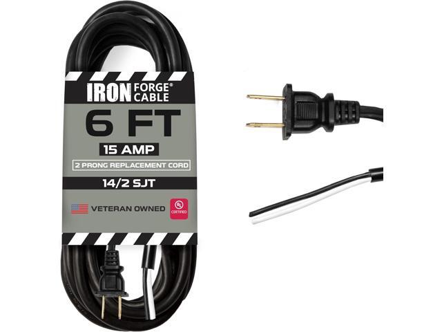 Iron Forge Cable 15 Amp Power Cord Replacement Two Prong Polarized Plug with Open End - 6 ft Black Extension Cable, 14 Gauge - 2 Wire 14/2 SJT