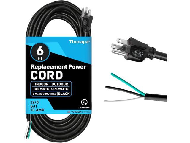 15 Amp Replacement Cord 6 Foot with Open End - 12 AWG Replacement Extension Cable 3 Prong to 3 Wire, 12/3 SJT, NEMA 5-15P - Black