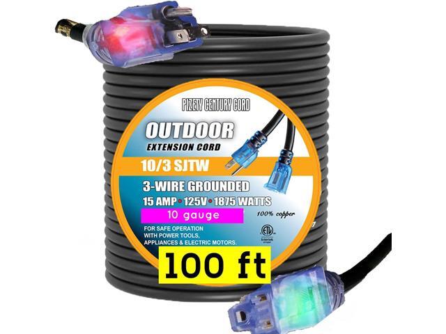 100 ft Extension Cord 10/3 10 Gauge Outdoor Heavy Duty Power Cable, 15 Amp 1875W, Waterproof SJTW with Lighted End, 3-Prong, Indoor/Outdoor...