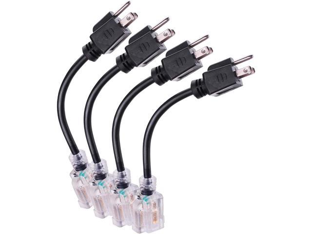 Miady Short Power Extension Cord Outlet Saver, Female Plug with Lighted End 16AWG/13A, 3 Prong (4 Pack, Black, 8 Inch)