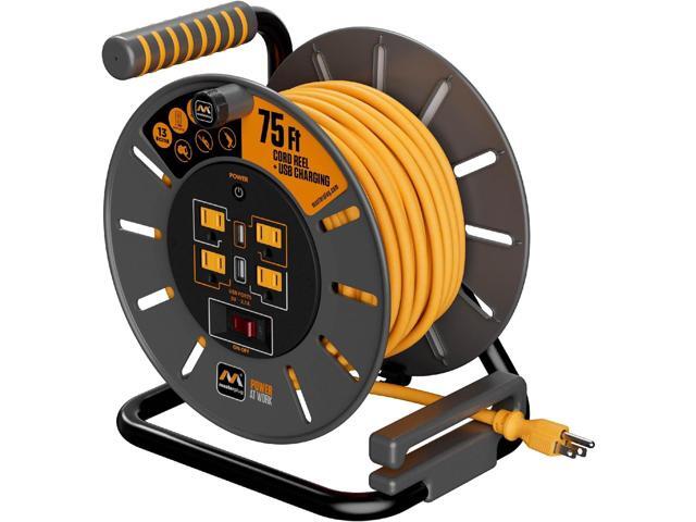 75ft Cord Reel, Retractable Extension Lead with Winding Handle, Safety Overload Circuit Breaker and Power Switch, 4x Grounded Outlets, 2x USB...