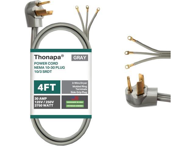 3 Prong Dryer Cord 4 Ft, 30 Amp Appliance Extension Cord 3 Prong 4 Foot, NEMA 10-30 Plug, 10/3 SRDT Gray with Molded Ring Terminals