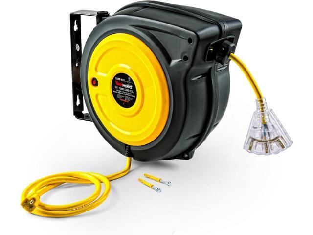 ReelWorks Extension Cord Reel Retractable 12AWG x 50' Foot 3C/SJTOW Glow Strip Cable and Lightup Triple Tap Connector Advanced Slow Retraction...