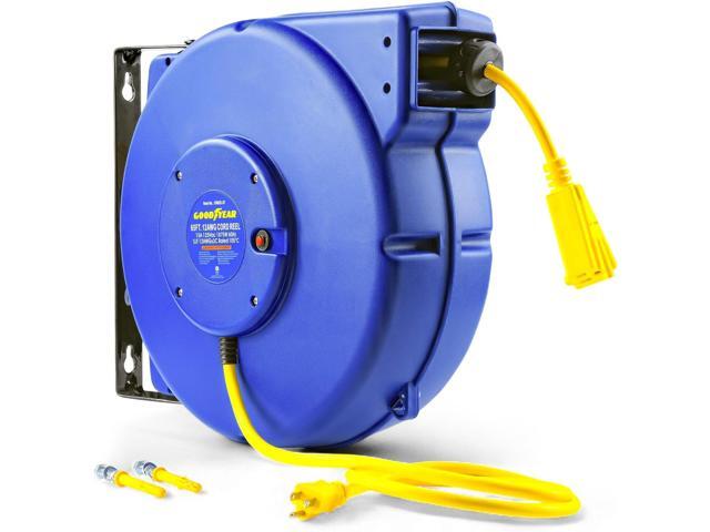 Goodyear Retractable Extension Cord Reel Heavy-Duty Commercial Cable with Triple Tap Connector, Auto-Rewind & Wall/Ceiling Mountable (Enclosed,...