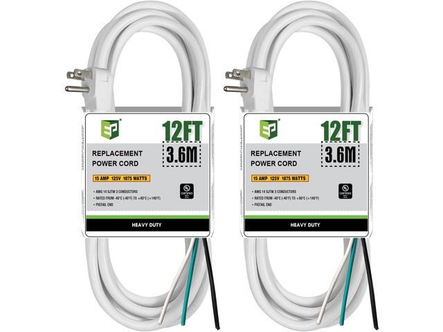 EP 2 Pack 12 Ft Flat Plug Appliance and Power Tool Cord, 14 Gauge 3 Prong 15A Replacement Power Supply Cord Cable, 110V 115V 120V AC Pigtail, White