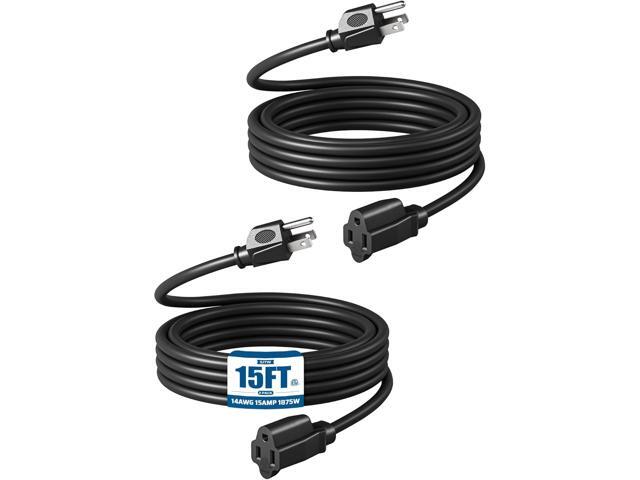 DEWENWILS Extension Cord 15ft, 14/3 SJTW Weatherproof Power Cable for Indoor Outdoor Use, 3 Prong Heavy Duty Power Cord, Black, ETL Listed, 2 Pack