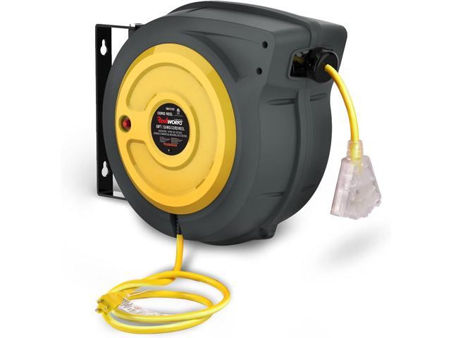 ReelWorks Extension Cord Reel Retractable 14AWG x 50' Foot 3C/SJTOW Glow Strip Cable Triple Tap Connector Advanced Slow Retraction Technology (SRT)