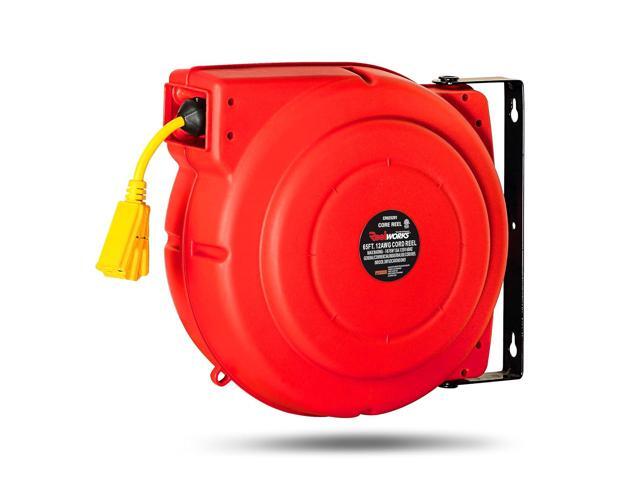 ReelWorks Extension Cord Reel Retractable 12AWG x 65' Foot 3C/SJT Heavy Duty Commercial Cable Triple Tap Connector Power 15A 125VAC 1875W