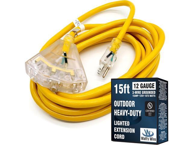 15 ft Heavy Duty Extension Cord - 12 Gauge Outdoor Extension_Cord - Lighted Mulitiple Outlets by Watt's Wire - 15' 12-Gauge Grounded 15 Amp Cord -...