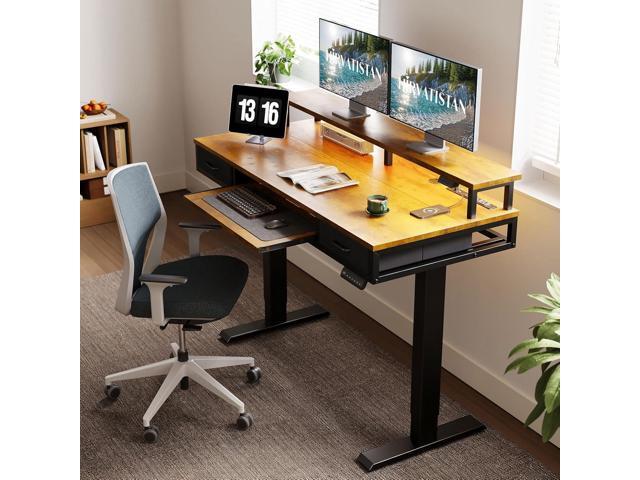 AODK Electric Standing Desk with Drawers & Keyboard Tray, 55 Inch Height Adjustable Gaming Desk with Power Outlets & LED Lights, Sit Stand Table...
