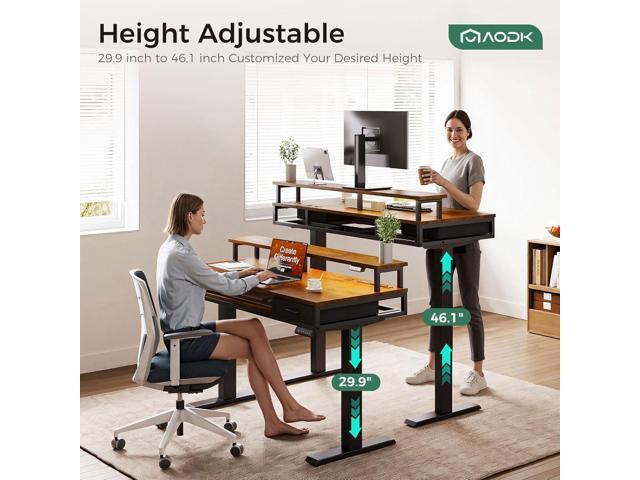 AODK Electric Standing Desk with Drawers & Keyboard Tray, 55 Inch Height Adjustable Gaming Desk with Power Outlets & LED Lights, Sit Stand Table...