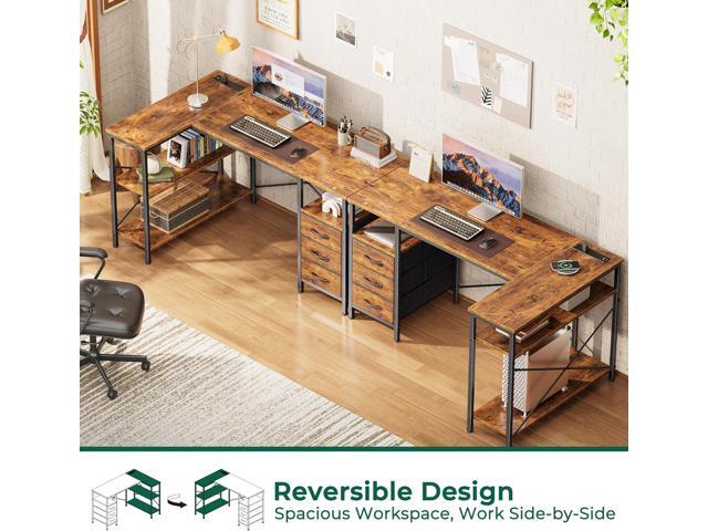 Huuger L Shaped Office Desk with Power Outlets, 47 Inch Computer Desk with 3 Drawers, Shelves, for Gaming, Corner Work, Home Office, Study, Rustic...