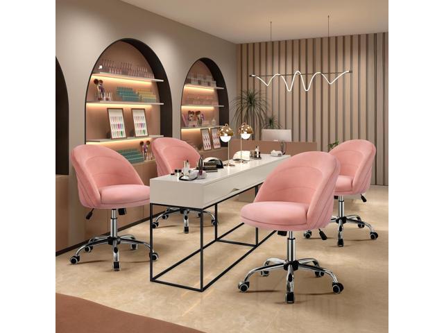 Yaheetech Armless Velvet Cute Desk Office Chair Adjustable Comfy Soft Swivel Vanity Chair with Wheels for Home Office, Living Room Pink