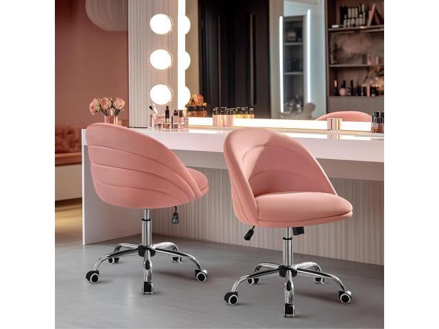 Yaheetech Armless Velvet Cute Desk Office Chair Adjustable Comfy Soft Swivel Vanity Chair with Wheels for Home Office, Living Room Pink