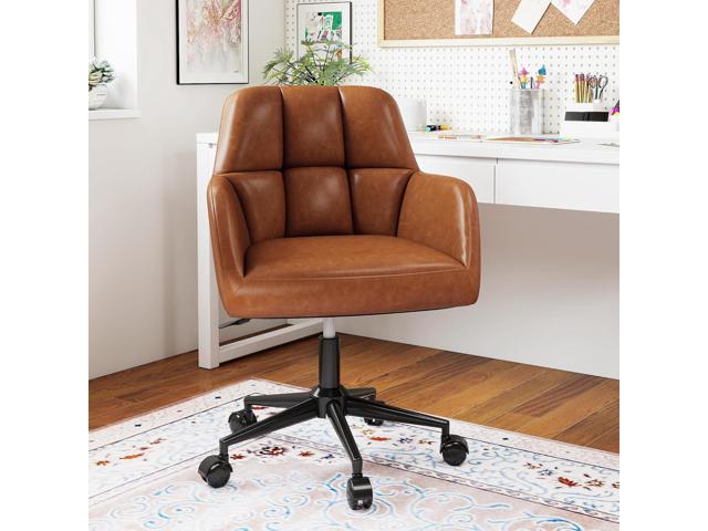 Modern PU Leather Office Chair, Height Adjustable Comfy Desk Chair with Wheels, 18.3 Wide Swivel Armchair for Living Room Home Office Computer, Brown