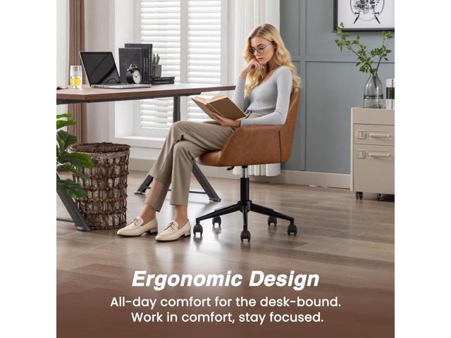 Modern PU Leather Office Chair, Height Adjustable Comfy Desk Chair with Wheels, 18.3 Wide Swivel Armchair for Living Room Home Office Computer, Brown