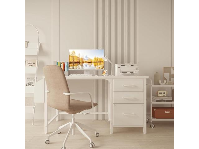 Lufeiya White Desk with Fabric File Drawers Cabinet, 47 Inch Reversible Computer Desk with Filing Cabinet for Bedroom Small Space Home Office,...
