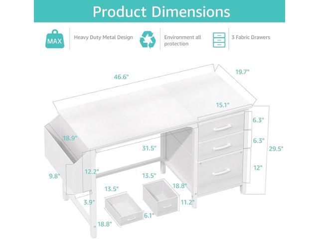 Lufeiya White Desk with Fabric File Drawers Cabinet, 47 Inch Reversible Computer Desk with Filing Cabinet for Bedroom Small Space Home Office,...