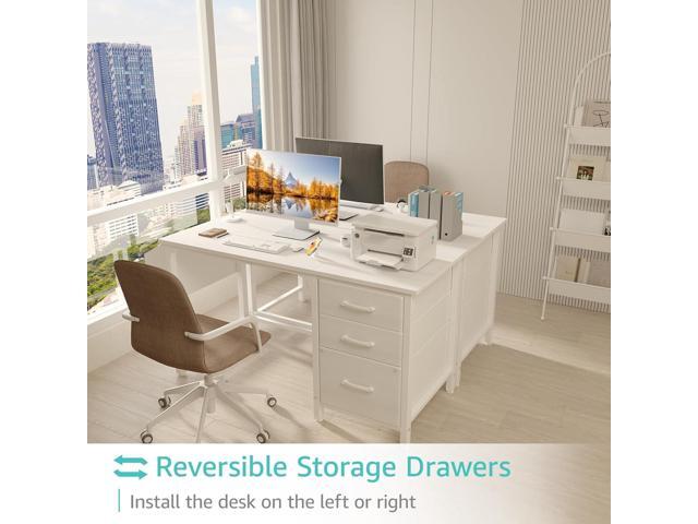 Lufeiya White Desk with Fabric File Drawers Cabinet, 47 Inch Reversible Computer Desk with Filing Cabinet for Bedroom Small Space Home Office,...