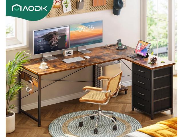 AODK L Shaped Desk with 4 Tier Drawers, 61' Reversible Gaming Desk with Power Outlets, L Shaped Computer Table with USB Charging Port and Host...
