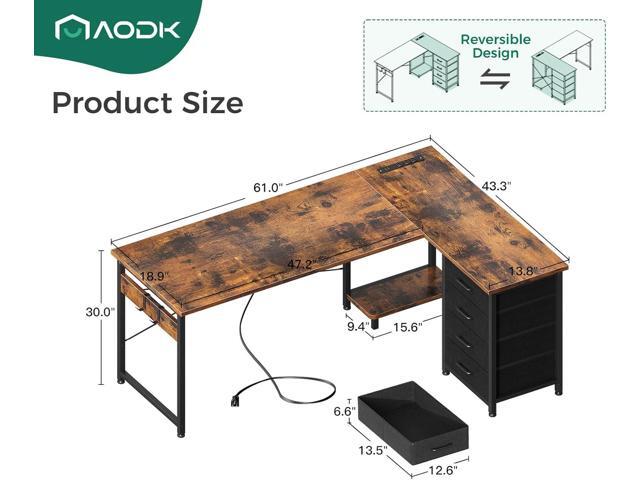 AODK L Shaped Desk with 4 Tier Drawers, 61' Reversible Gaming Desk with Power Outlets, L Shaped Computer Table with USB Charging Port and Host...