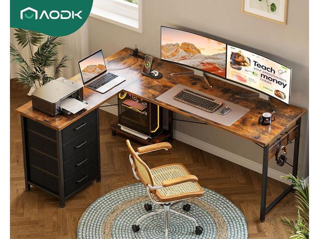 AODK L Shaped Desk with 4 Tier Drawers, 61' Reversible Gaming Desk with Power Outlets, L Shaped Computer Table with USB Charging Port and Host...