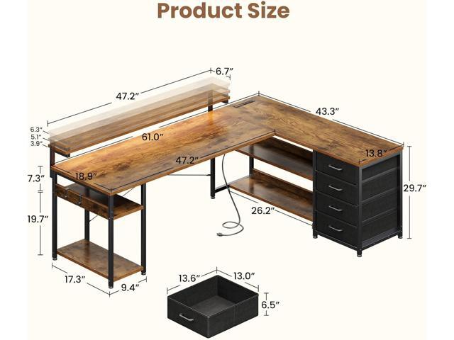AODK 61' L Shaped Desk with Drawer, Computer Desk with Power Outlets & LED Lights, Reversible Corner Gaming Desks for Home Office Workstation,...
