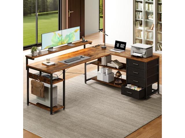 AODK 61' L Shaped Desk with Drawer, Computer Desk with Power Outlets & LED Lights, Reversible Corner Gaming Desks for Home Office Workstation,...
