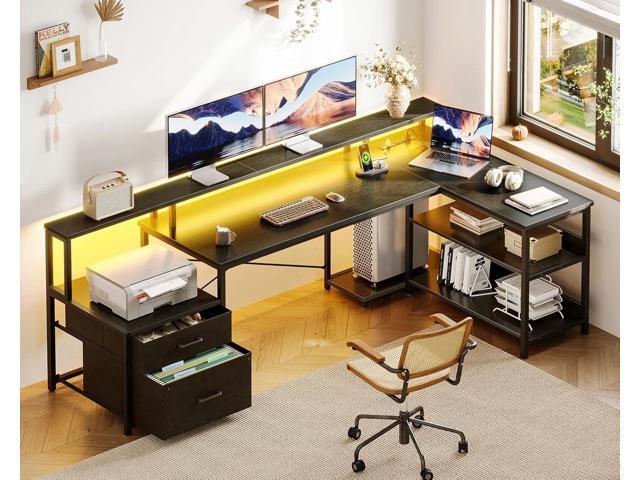 ODK L Shaped Desk with File Drawer, 75' Reversible L Shaped Computer Desk with Power Outlet & LED Strip, Office Desk with Storage Shelves, Gaming...