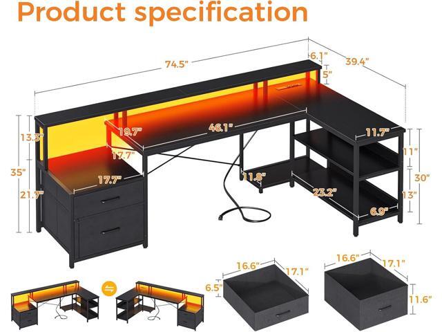 ODK L Shaped Desk with File Drawer, 75' Reversible L Shaped Computer Desk with Power Outlet & LED Strip, Office Desk with Storage Shelves, Gaming...