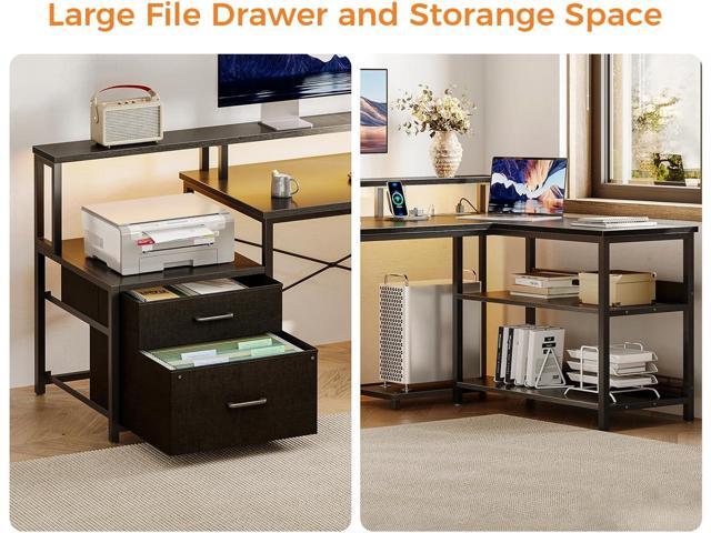 ODK L Shaped Desk with File Drawer, 75' Reversible L Shaped Computer Desk with Power Outlet & LED Strip, Office Desk with Storage Shelves, Gaming...