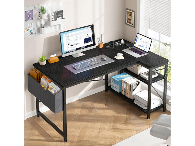 EnHomee 48 Inch L Shaped Computer Desk with Storage Shelves & Side Bag, Office Desk with Power Outlets, Small Corner Desk for Gaming Working Small...