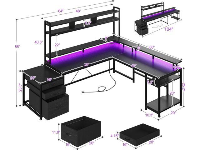 EnHomee 64 x 60 Inches L Shaped Desk with Hutch and Drawers, Reversible Corner Computer Desk with Monitor Shelf, Two Person Desk with Power Outlet,...