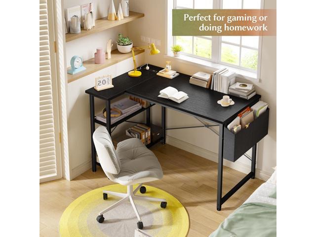 EnHomee Small Computer Desk with Storage Shelves & Side Bag, 40 Inch L Shaped Gaming Desk with Power Outlets, Corner Desk Study Writing Table for...