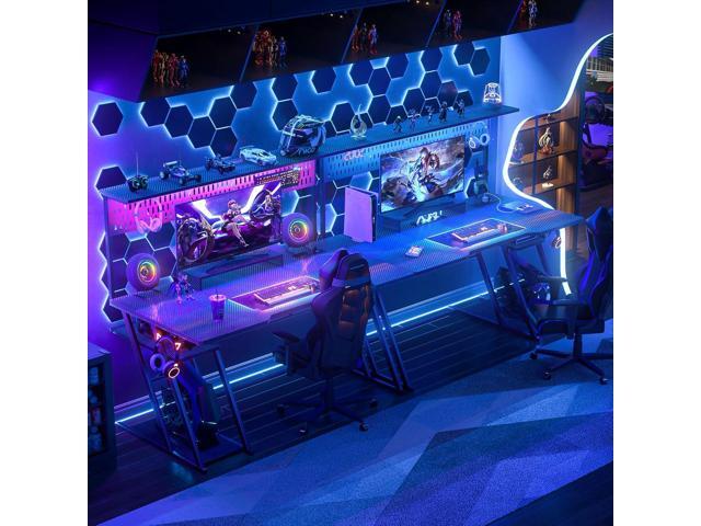 Armocity Gaming Computer Desk with Hutch and LED Lights, 53'' Black Gaming Desk with Storage Shelves, Reversible PC Gamer Desks with Pegboard,...