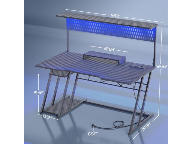Armocity Gaming Computer Desk with Hutch and LED Lights, 53'' Black Gaming Desk with Storage Shelves, Reversible PC Gamer Desks with Pegboard,...