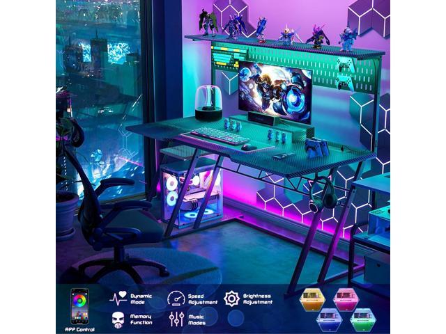 Armocity Gaming Computer Desk with Hutch and LED Lights, 53'' Black Gaming Desk with Storage Shelves, Reversible PC Gamer Desks with Pegboard,...