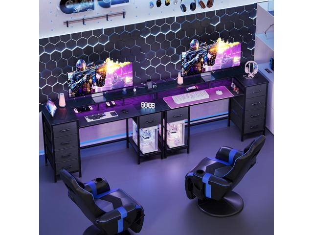 47 Inch Computer Gaming Desk with Power Outlets & LED Lights Reversible Home Office Desk with Adjustable 5 Fabric Storage Drawers for Working...