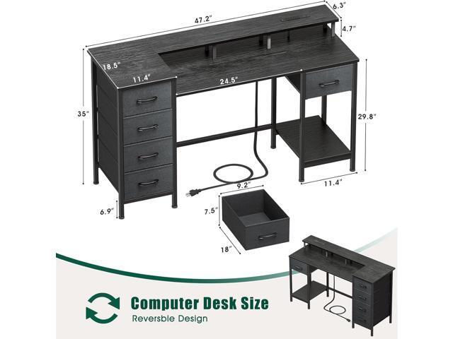 47 Inch Computer Gaming Desk with Power Outlets & LED Lights Reversible Home Office Desk with Adjustable 5 Fabric Storage Drawers for Working...