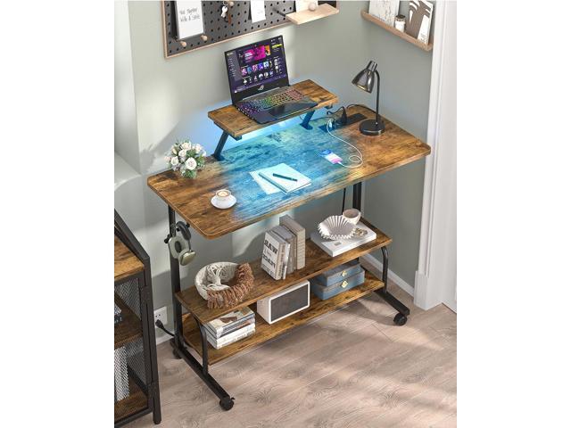 Height Adjustable Standing Desk with Power Outlets and LED Lights - 39' Manual Stand Up Desk with Monitor Stand and Storage Shelves Small Mobile...