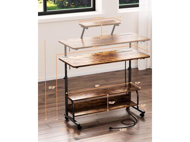 Height Adjustable Standing Desk with Power Outlets and LED Lights - 39' Manual Stand Up Desk with Monitor Stand and Storage Shelves Small Mobile...