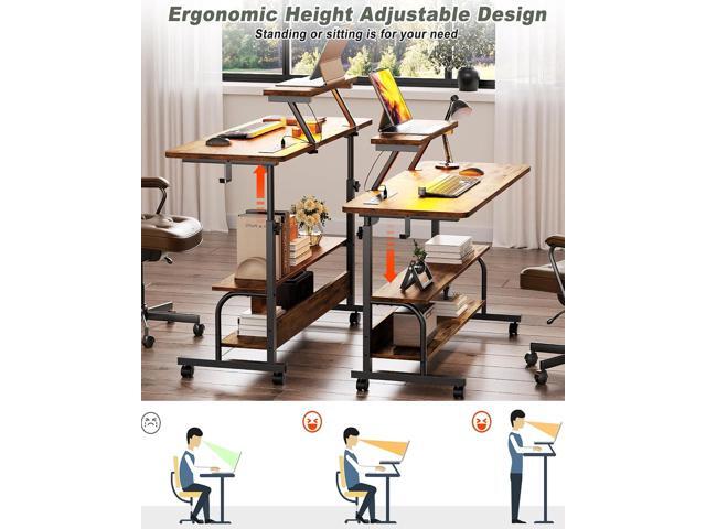 Height Adjustable Standing Desk with Power Outlets and LED Lights - 39' Manual Stand Up Desk with Monitor Stand and Storage Shelves Small Mobile...