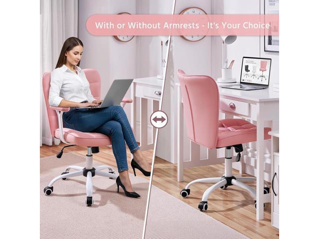 Yaheetech Mid Back Faux Leather Office Chair Modern Adjustable Tilting Vanity Chair with Detachable Padded Armrests for Home/Office,Pink