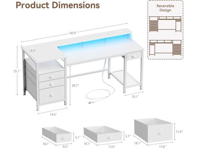 Furologee 60' White Office Computer Desk with 4 Drawers,Gaming Desk with LED Lights and Power Outlets,Long Desk with Fabric File Cabinet,Study...