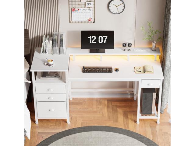 Furologee 60' White Office Computer Desk with 4 Drawers,Gaming Desk with LED Lights and Power Outlets,Long Desk with Fabric File Cabinet,Study...