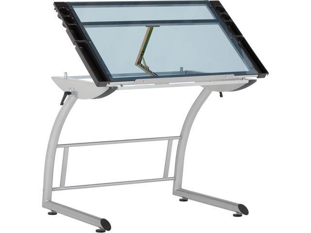 SD Studio Designs Triflex Drawing Table, Sit to Stand Up Adjustable Office Home Computer Desk, 35.25' W X 23.5' D, Silver/Blue Glass