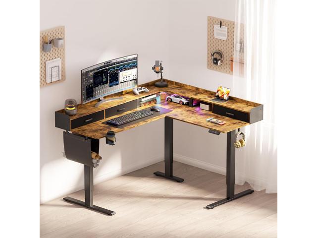 63 Inches Height Adjustable L Shaped Standing Desk with 3 Drawers and Monitor Shelf, Electric Corner Comupter Desk, Sit Stand up Home Office Desk,...