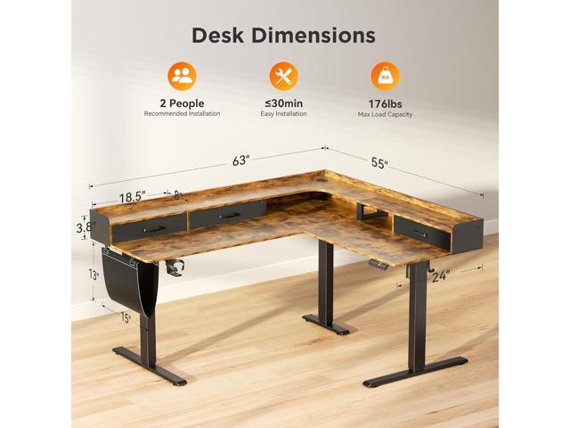 63 Inches Height Adjustable L Shaped Standing Desk with 3 Drawers and Monitor Shelf, Electric Corner Comupter Desk, Sit Stand up Home Office Desk,...